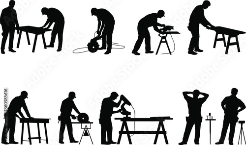 Carpenter and woodworker silhouettes set showing sawing cutting measuring and workshop activities for construction craftsmanship and industrial labor conceptsCarpenter  