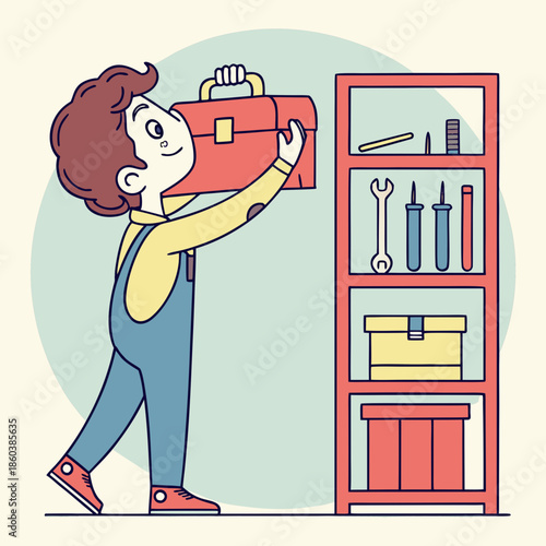 Young worker holding a toolbox near shelves of tools