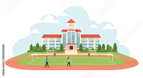 Vector illustration of a modern school building with a clock tower, situated behind a large green field with a running track.