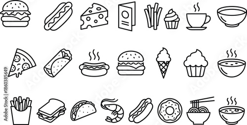 Fast food outline icon set featuring burgers snacks desserts and drinks for restaurant menu cafe app design branding use
