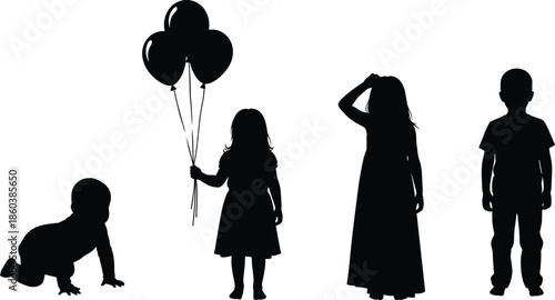 Set of kids silhouettes featuring crawling baby, girl with balloons, shy girl and standing boy, vector illustration isolated on white background, happy childhood