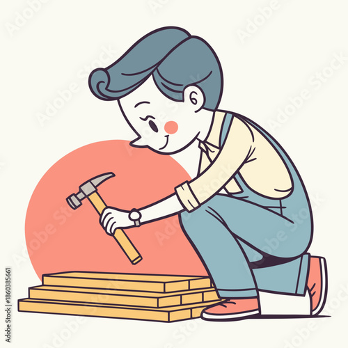 Young carpenter hammering wood planks illustration