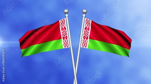 Belarus Crossed Flags Waving in Blue Sky Loop Animation | Realistic 3D National Flag Background