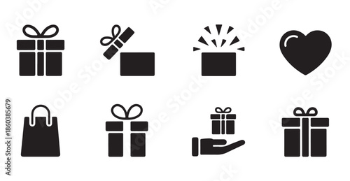 Gift icons set black silhouette vector illustration isolated on white background symbol collection