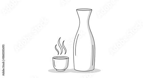 Minimalist line art illustration of a traditional Japanese sake set, including a tokkuri bottle and a steaming ochoko cup.