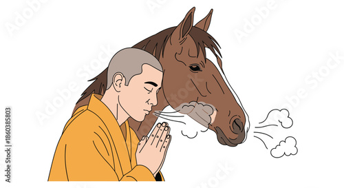 Illustration of a peaceful Buddhist monk in an orange robe praying with his hands together, beside the head of a calm horse.