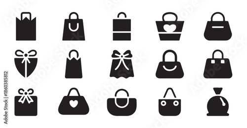 Gift and shopping icons set vector illustration isolated on white background various styles silhouettes