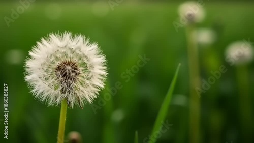 Dandelion Flowers in Green Field Closeup.