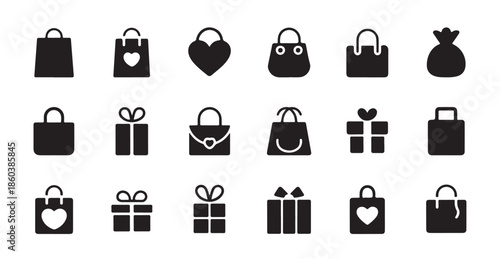 Collection of solid silhouette icons depicting various shopping bags and gift boxes