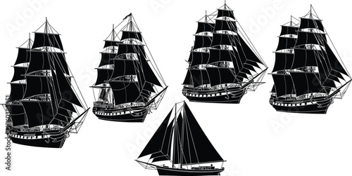 Set of large vintage sailing tall ships silhouettes, full-rigged clipper and schooner marine vessels icons for 