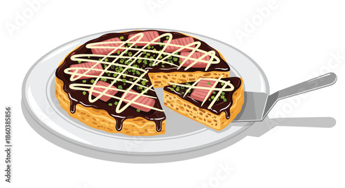 Delicious Japanese okonomiyaki, a savory pancake, topped with sauce, mayonnaise, and bonito flakes, with one slice being served.
