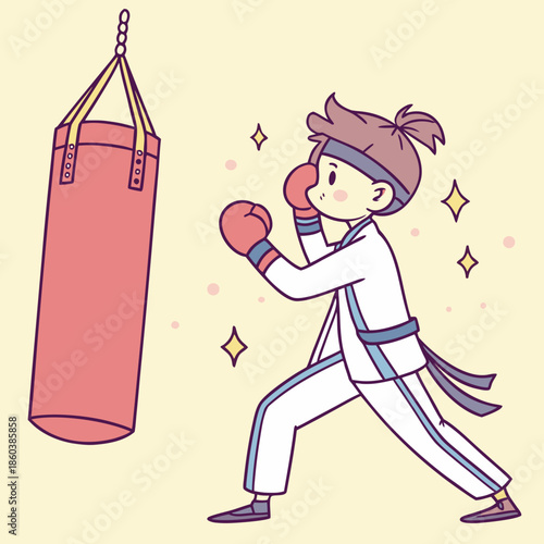 Young fighter training with a punching bag