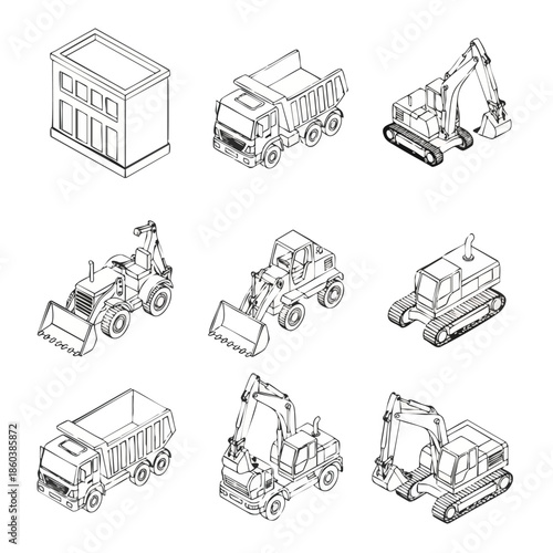 Set of Construction Equipment and Building Icons on White Background.