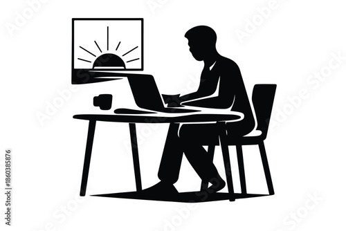 Late Night Productivity Laptop Work Sunrise Silhouette
