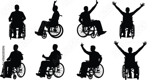 Set of men in wheelchairs celebrating with raised hands silhouette vector collection, disability, accessibility, and positive lifestyle icons, celebrating personal victory, happiness, 