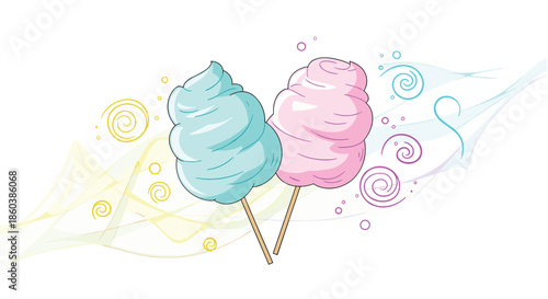 Whimsical illustration of two fluffy sticks of cotton candy, one pink and one blue, against a background of colorful swirls.