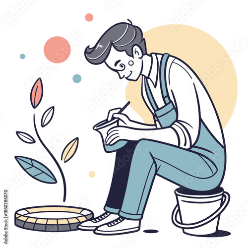 Young man tending to plant with watering can