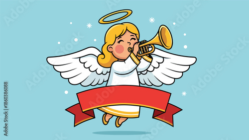 Cartoon Angel Blowing Trumpet with Ribbon.