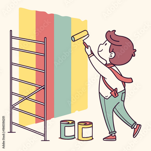 Young painter with roller decorating a colorful wall