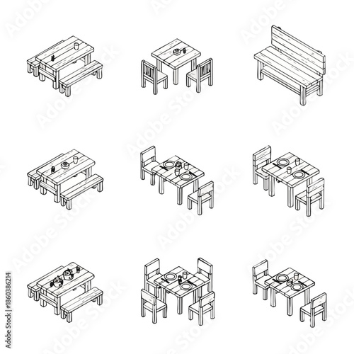 Set of wooden picnic tables and dining sets in isometric view, line art.