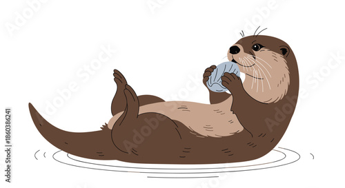 Adorable cartoon sea otter floating on its back in the water while holding and breaking a seashell on its stomach.