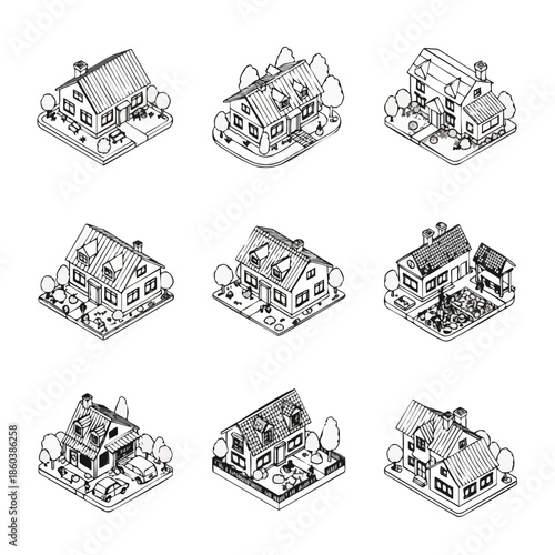 Stylish Home Illustrations Showcasing Modern Design and Outdoor Spaces.