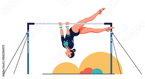 Dynamic illustration of a female gymnast in a leotard performing a complex routine on the uneven bars with grace and strength.