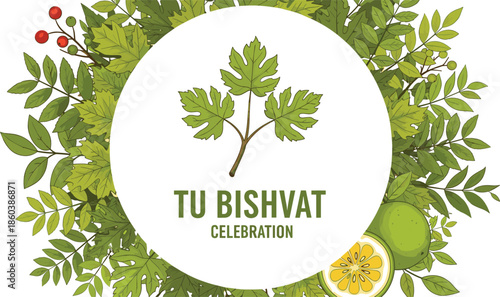 Tu BiShvat celebration vector illustration featuring a botanical leaf background central circular frame and fig leaf branch icon.