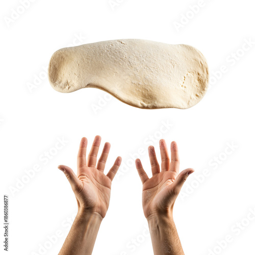 Chef pizza maker's hands in flour throwing and tossing dough in air, isolated on transparent background. Pizza acrobatics and freestyle, entertainment for customers. Pizzaiolo skilled profession