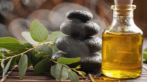 Relaxing Spa Ambiance with Essential Oil and Hot Stones.