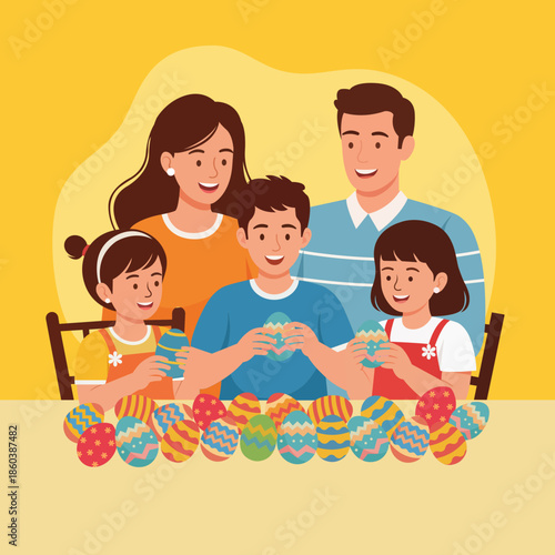 Family decorating Easter eggs, flat color vector