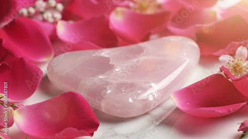 Rose Quartz Crystal Surrounded by Vibrant Pink Rose Petals.