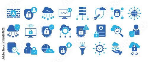 Minimalist outline icon set of secure access service edge SASE and cloud networking. Features icons for VPN, encryption, threat detection, and digital privacy. Fully editable vector graphics for profe