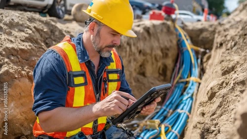 Analyzing Infrastructure: A construction worker, equipped with a yellow hard hat and safety vest.