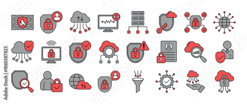 Minimalist outline icon set of secure access service edge SASE and cloud networking. Features icons for VPN, encryption, threat detection, and digital privacy. Fully editable vector graphics for profe