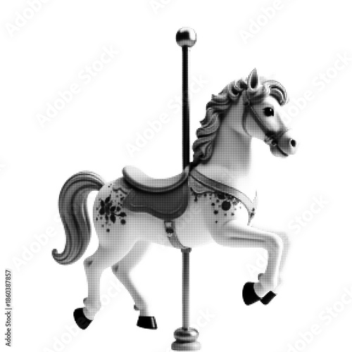 Carousel horse in halftone style. Black and white retro illustration of amusement park ride animal. Vintage fairground, childhood nostalgia concept isolated on white background.