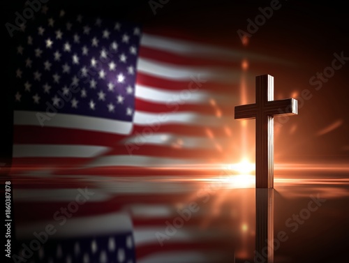 American flag and christian cross silhouetted against a radiating sunrise,