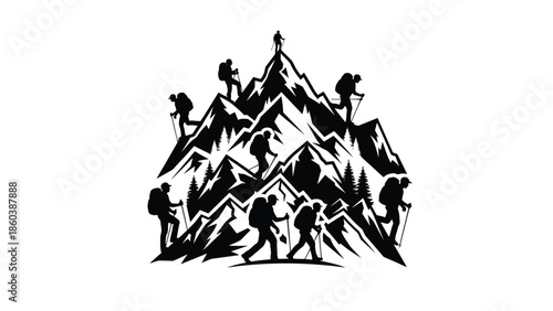 Group of hikers climbing mountain peaks together