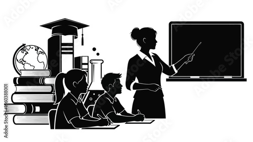 Teacher educating students in classroom with blackboard and books