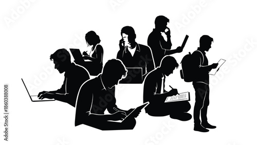 Group of people using laptops and mobile devices