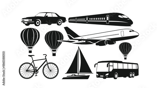 Different types of transportation modes silhouette