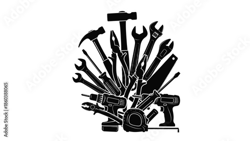 Collection of various tools arranged in a fan shape