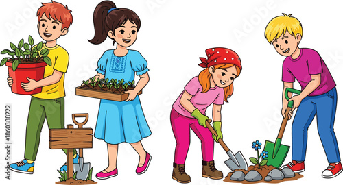 Vector illustration of diverse children gardening together carrying seedlings and planting flowers for community nature and school projects.