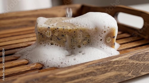 Water pouring onto a natural soap bar creating abundant foam on a wooden tray.