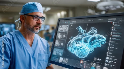 Medical Visionary: A focused surgeon, attired in scrubs and glasses, examines a detailed digital rendering of a heart on a monitor.