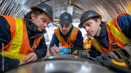 Inspection: A team of dedicated engineers, focused intently on a crucial inspection of a metallic structure within an industrial environment, embodying precision and expertise.