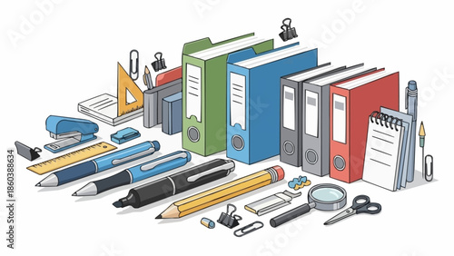 Collection of Office Supplies - Binders, Pens, Rulers, and More for Organization.