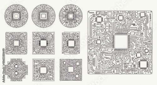 Intricate Circuit Board Designs Featuring Central Processors and Complex Traces, Digital Art Set
