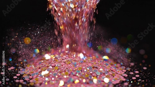 Sparkling Pink Glitter Falling on Black Background.