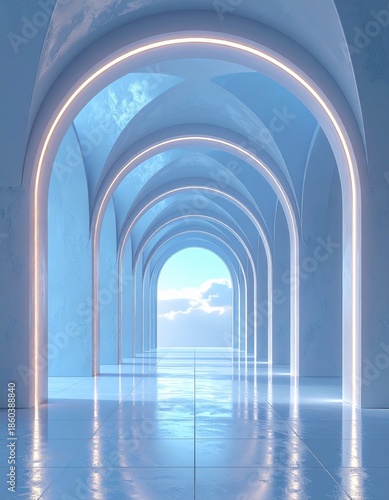 Endless White Arched Hallway with Golden Lighting Leading to a Bright Sky and Clouds with a Reflective Floor